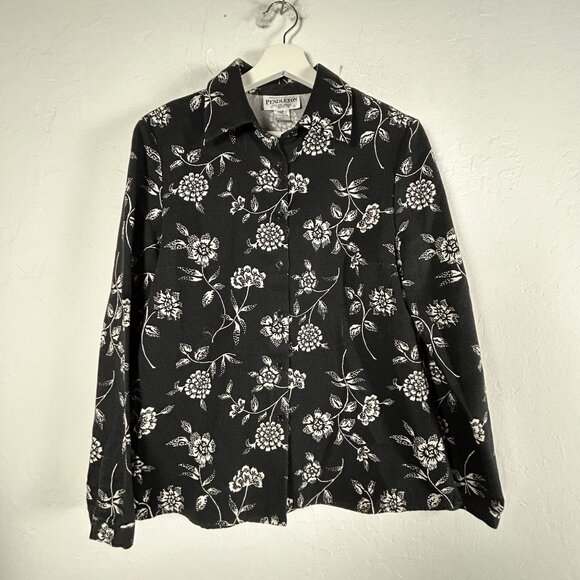Pendleton Womens Black White Floral Button-Up Shirt Size 12P Long Sleeve Casual - Picture 1 of 7